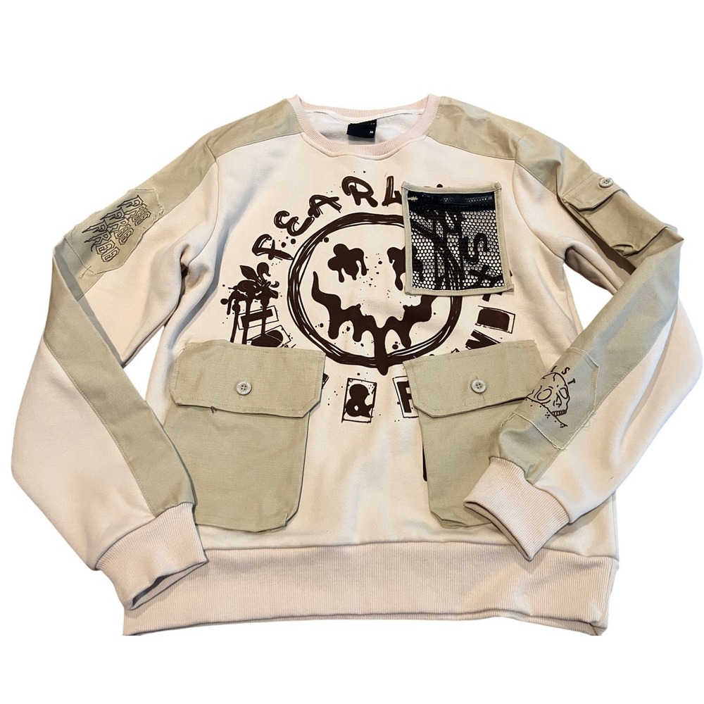 Smoke Rise Mens Utility Graphic Sweatshirt Cream Khaki Fearless Smiley Size M